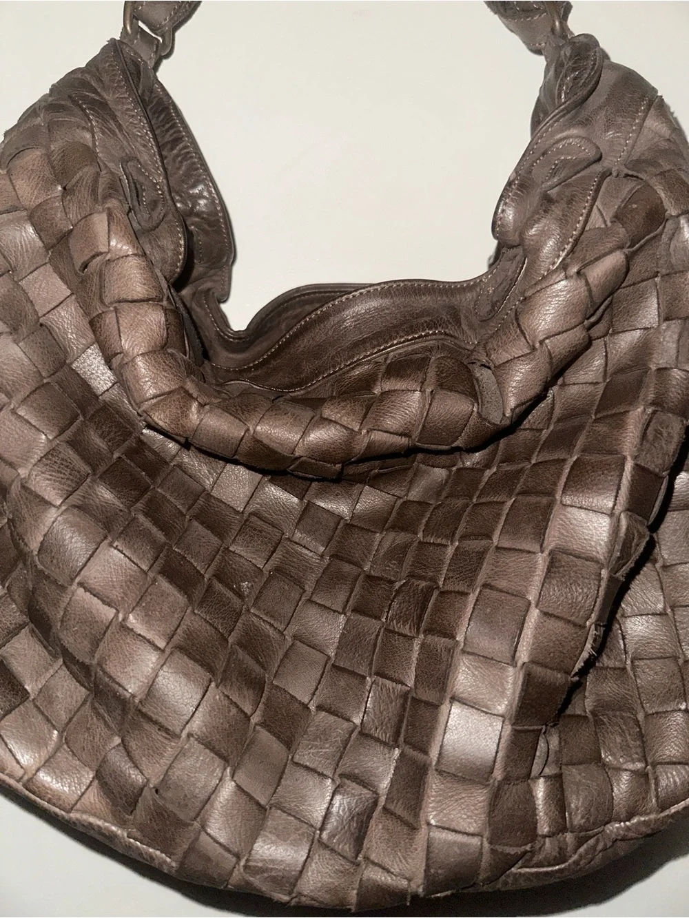 Woven Leather Hobo Bag in Dark Brown